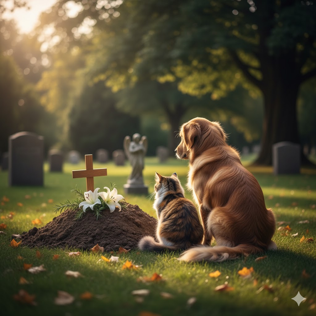 Hund und Katze vor dem Grab copy