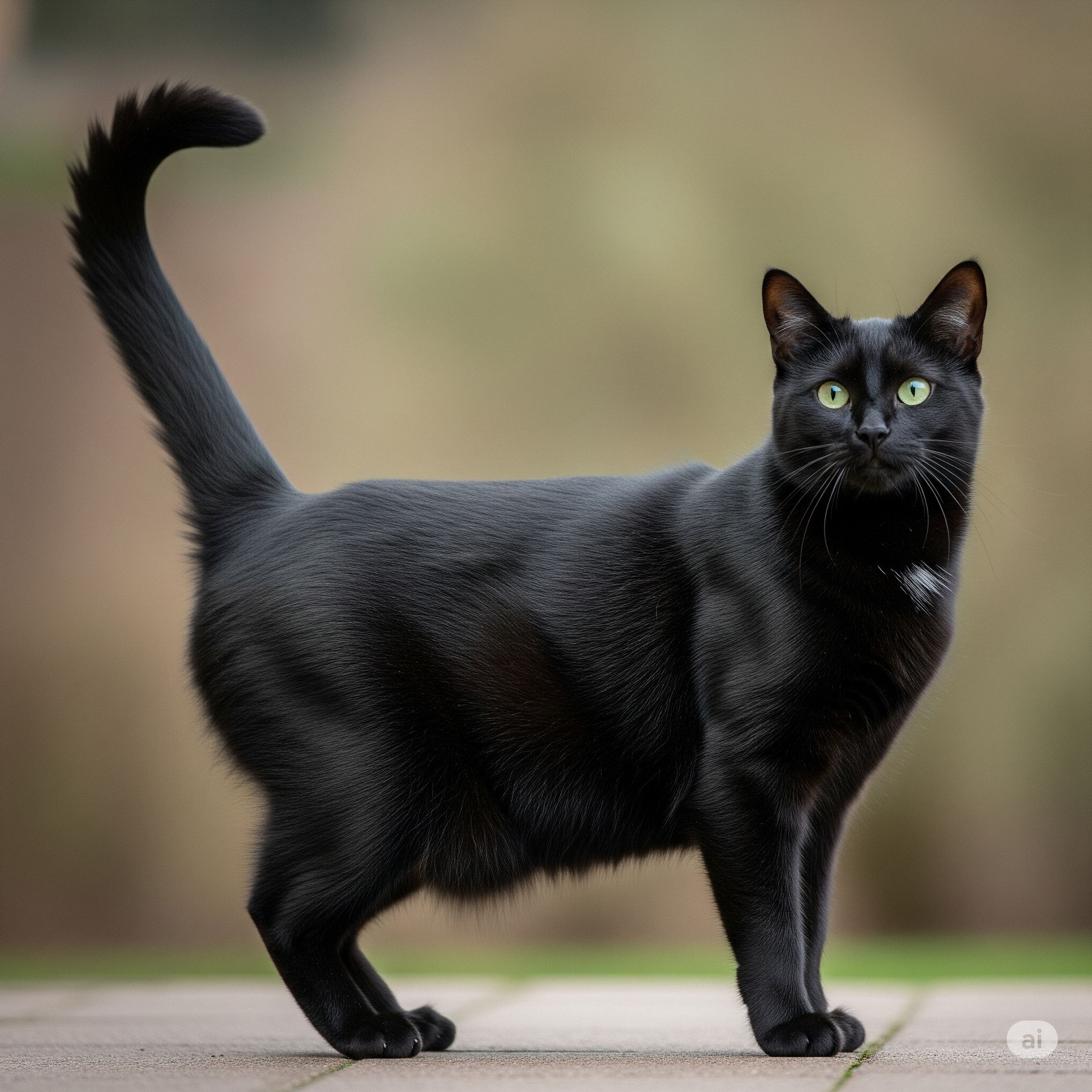 Katze seitlich stehend schwarz Blick nach vorne