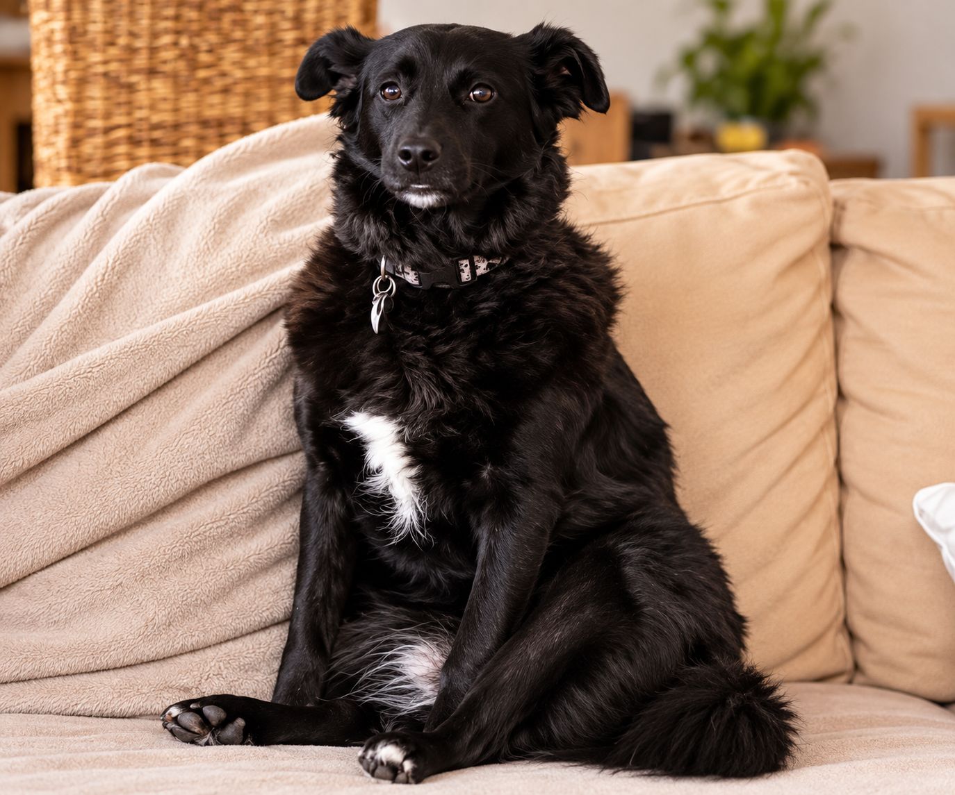 Schwarzer Hund auf gemütlichem Sofa